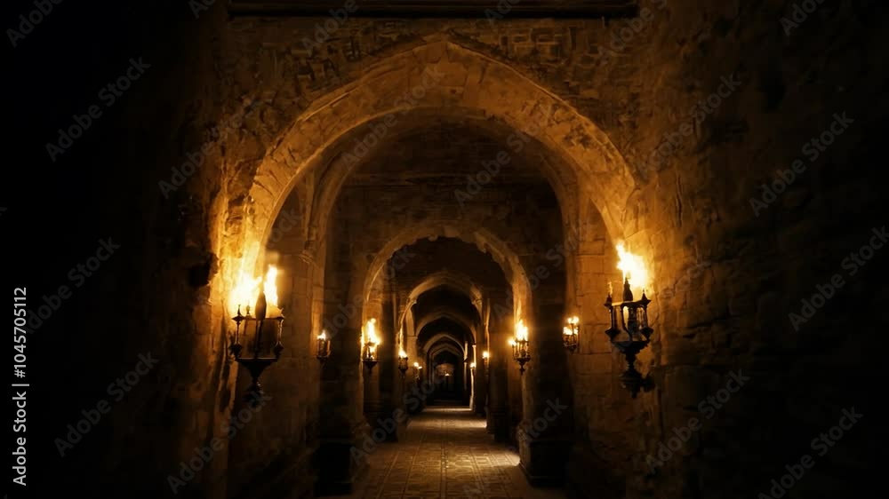 A long dark corridor lit by flickering flames, stone walls and arches leading to a mysterious destination.