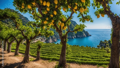 A scenic view of lemon trees overlooking a tranquil blue sea and lush vineyards.