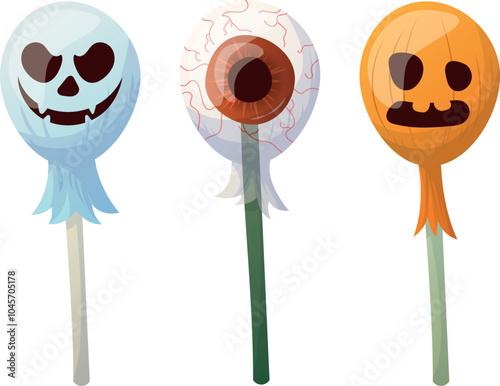 Set of Halloween lollipops on stick isolated on white background. Candy caramel eye and round hard candies black, Green and orange colors. cartoon illustration of holiday scary treats.