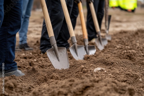 A close-up of shovels breaking ground, symbolizing the start of a new construction project with teamwork and anticipation. photo