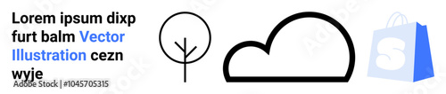Minimalistic line art featuring a tree a cloud and a shopping bag icon accompanied by dummy text. Ideal for nature technology e-commerce marketing and design-related themes. Landing page
