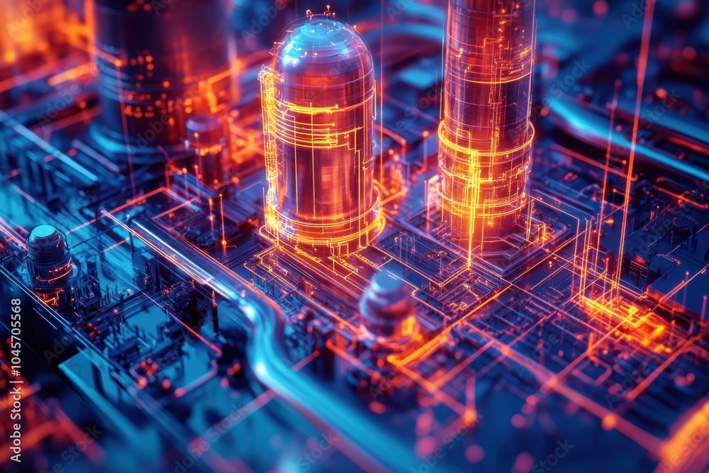 Futuristic cityscape with glowing data lines and industrial structures at night