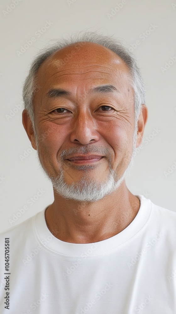 無地の背景に白いシャツを着て、ひげを生やした笑顔の年配男性 無地の背景に白いシャツを着て、ひげを生やした笑顔の年配男性