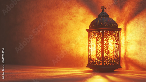 Ramadan Decorative lantern with intricate patterns casting warm glowing shadows on the wall, perfect for cozy home decor, ambient lighting, and traditional cultural celebrations.  photo