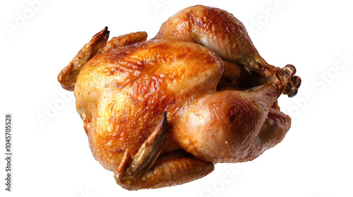 Golden roasted chicken, captured from above on a transparent background.