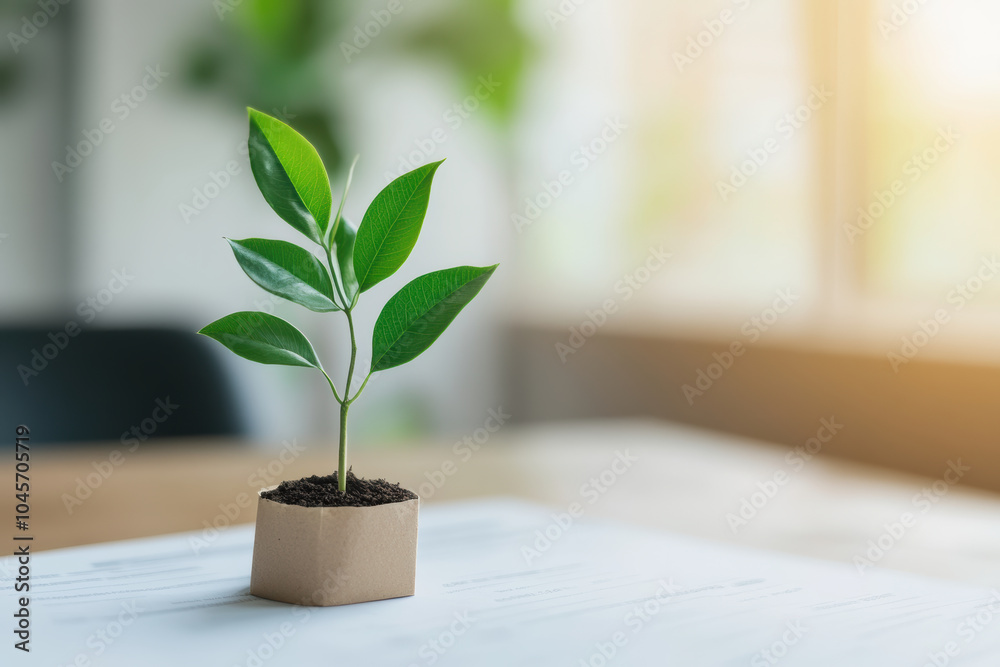small green plant in pot symbolizes growth and prosperity, placed on financial documents, highlighting connection between nature and finance