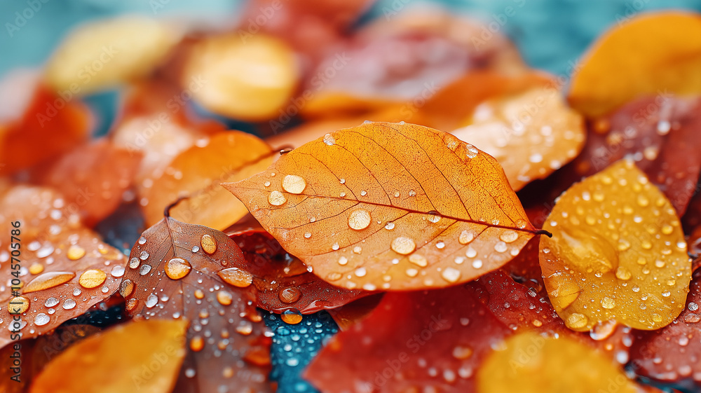 Dew covered autumn leaves in vibrant colors create serene atmosphere Dew covered autumn leaves in vibrant colors create serene atmosphere