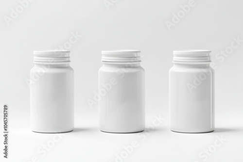 Three white plastic bottles on plain background for product packaging mockup