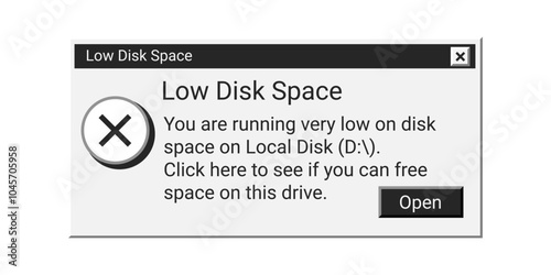 Low disk space retro message in black color. Old error window notification. Warning memory message.