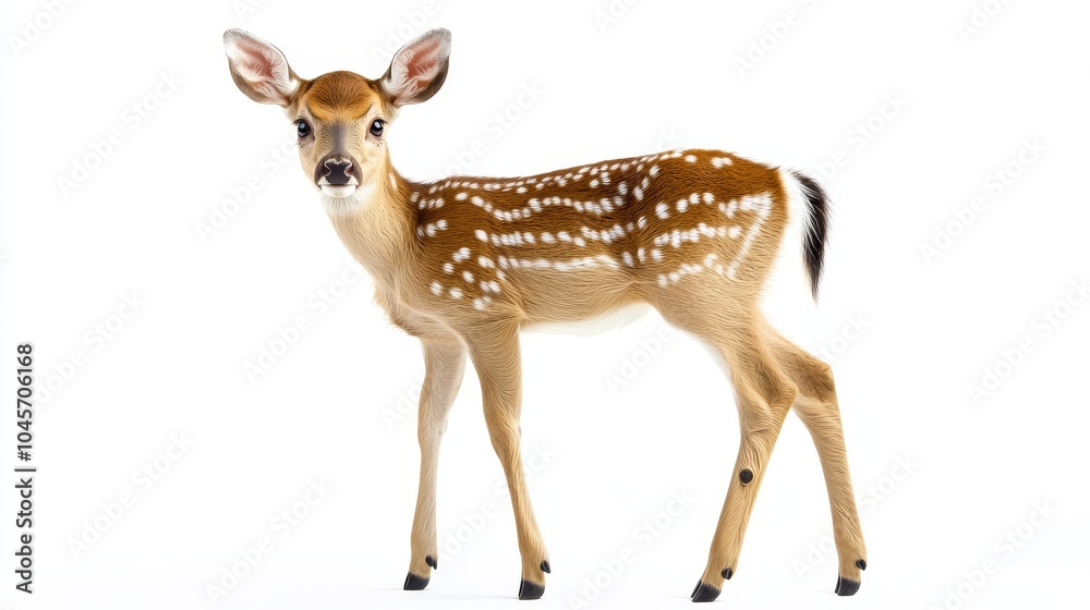 A young fawn with brown fur and white spots stands on a white background.