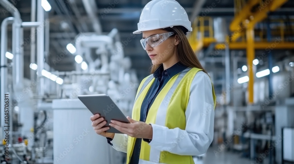 A female engineer wearing safety gear examines a tablet in a sleek, modern industrial facility. A female engineer wearing safety gear examines a tablet in a sleek, modern industrial facility.