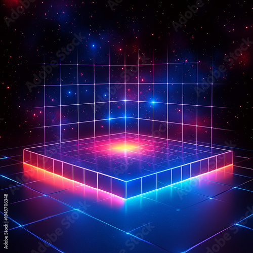 Levitation Platform in a Cosmic Arena: Electric Neon Cube Floating in the Stars