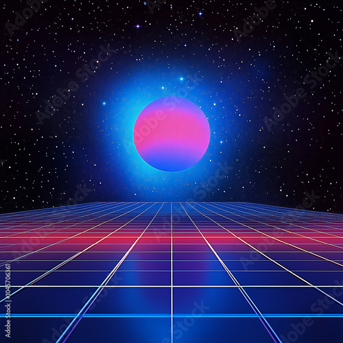 Sunset Sphere Over Digital Grid: A Retro Sci-Fi Horizon with Neon Pink and Blue