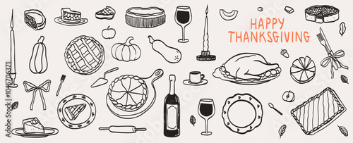 Hand drawn chalk food vector illustrations. Thanksgiving dinner table icons. Wine glass, turkey, pumpkin pie drawings for family invitations, cafe menus and parties. Sketch ink charcoal drawing style.
