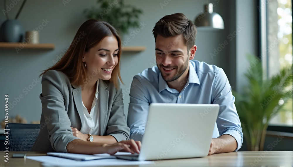 Male and female Caucasian financial advisors use laptop computers to discuss a stock market strategy in a contemporary business. European Managers Collaborate on a Banking Project 
