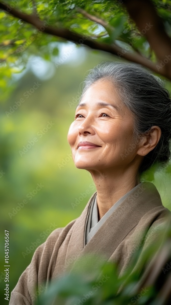 自然の中で静けさと知恵を抱きしめる穏やかな老婦人