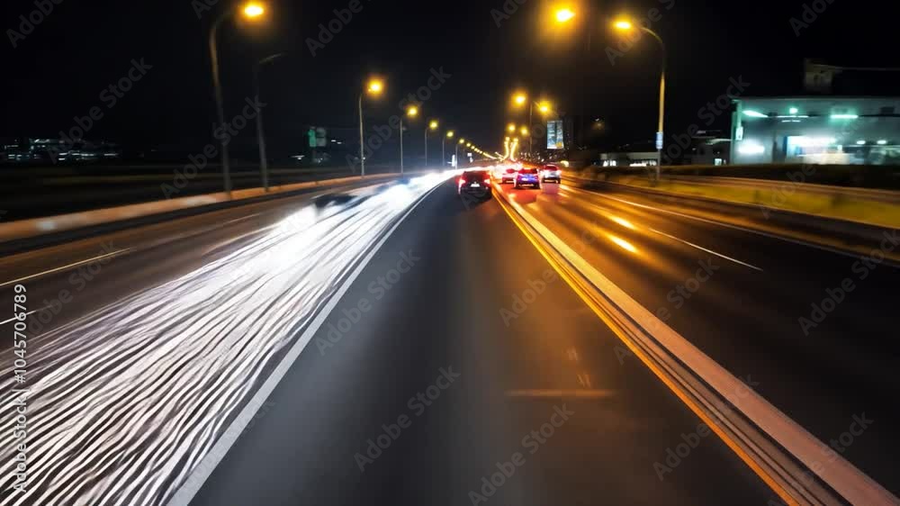 A view from inside a car driving at night down a dark highway with street lights. A view from inside a car driving at night down a dark highway with street lights.