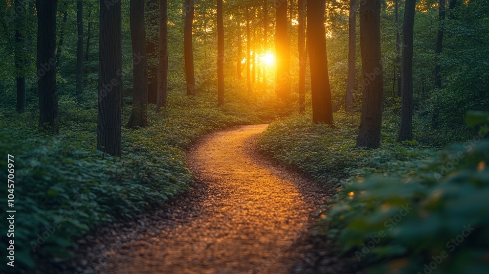 Fototapeta premium A serene forest path illuminated by sunset, inviting exploration and tranquility.