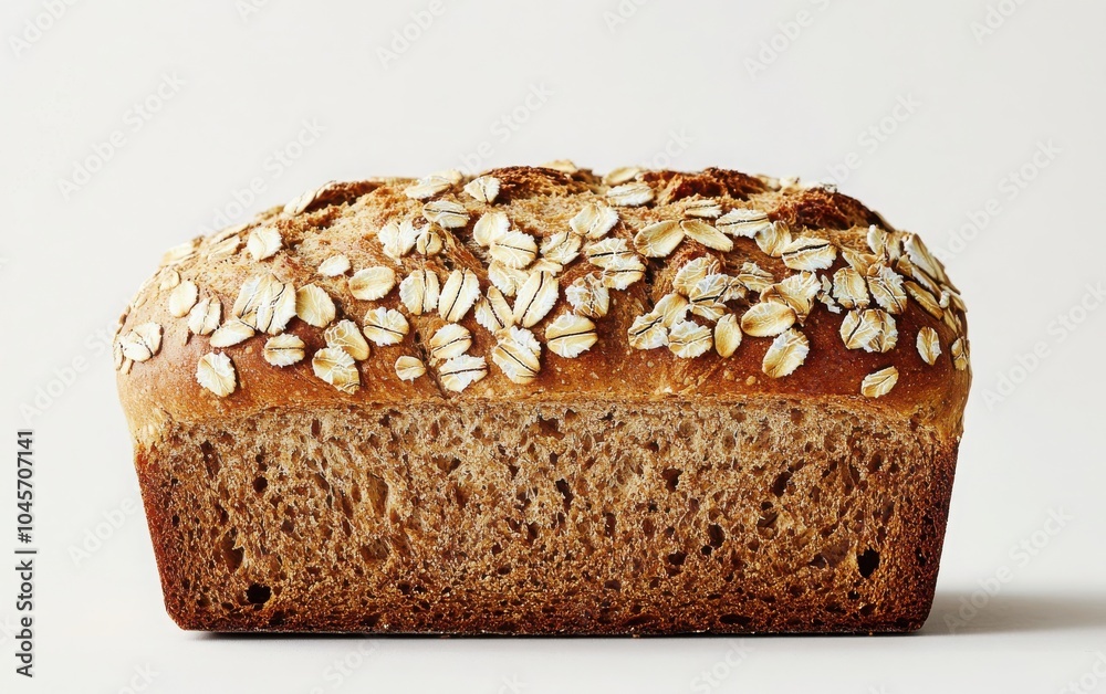 A freshly baked whole grain bread loaf, topped with oats and sliced neatly for serving, presented on a clean white background A freshly baked whole grain bread loaf, topped with oats and sliced neatly for serving, presented on a clean white background
