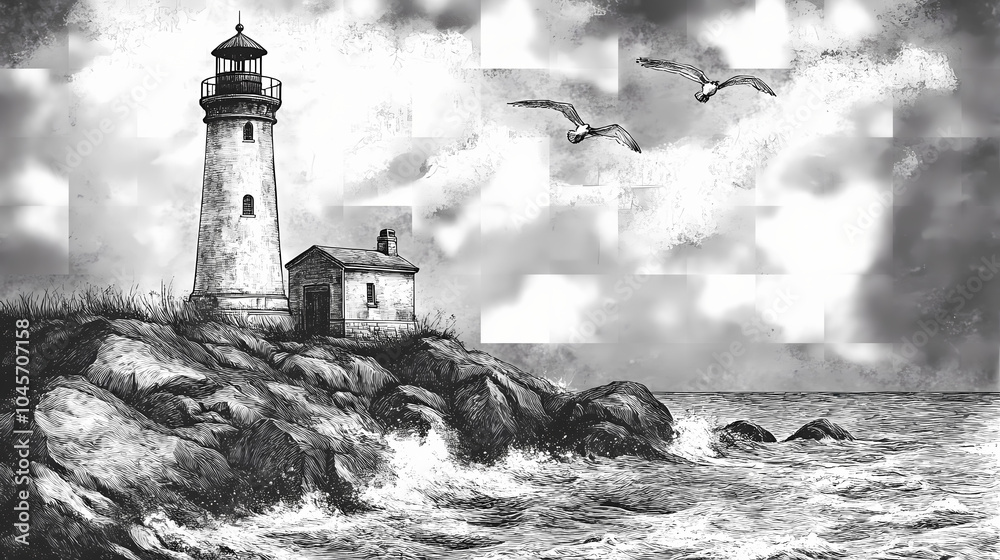 Lighthouse sketch, black and white illustration in lithograph style. Vintage Lithograph. Illustration