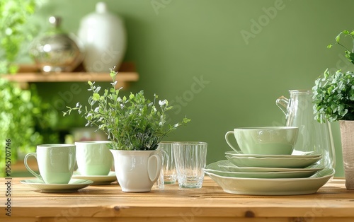 An elegant table setting showcasing kitchen accessories like cups, plates, and glasses, enhanced by decorative showpieces and greenery photo