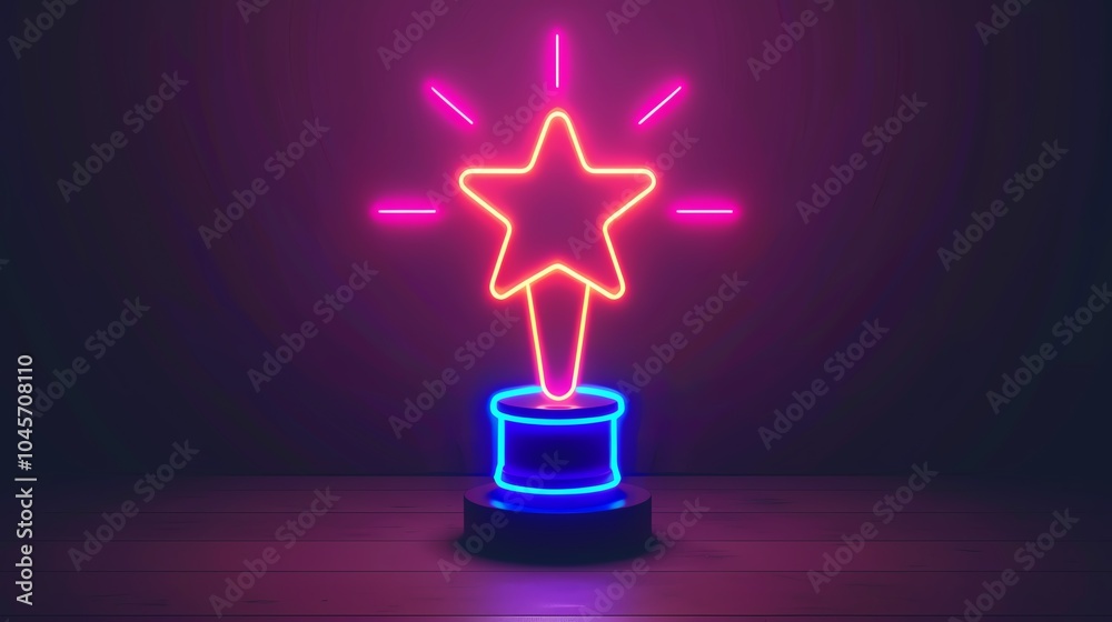 Colorful neon star trophy glowing in pink and blue light, perfect for celebrating achievements and awards. Colorful neon star trophy glowing in pink and blue light, perfect for celebrating achievements and awards.