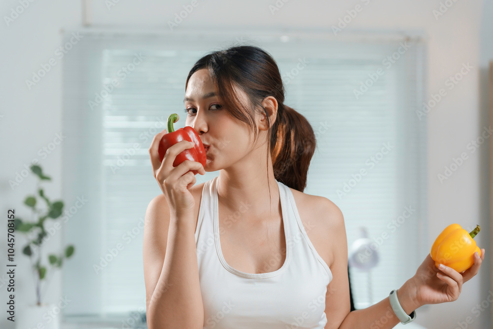 Asian fitness woman is kissing a red bell pepper while holding a yellow one in her other hand Asian fitness woman is kissing a red bell pepper while holding a yellow one in her other hand