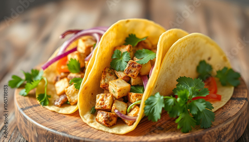 Homemade tacos with tofu and vegetables isolated with white highlights, png