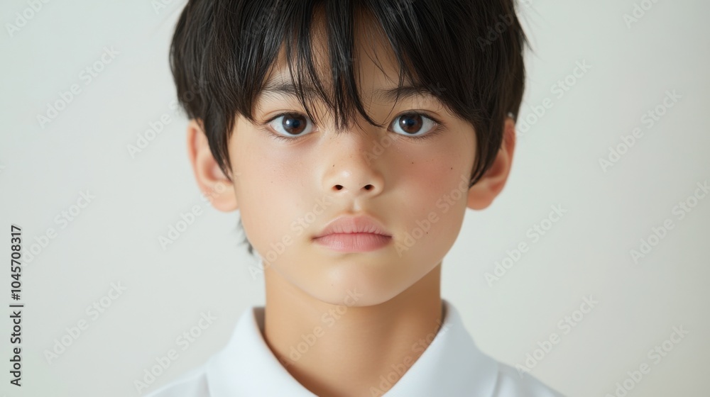 白いシャツを着た黒髪の幼い子供のポートレート - ヒューマンインタレストやライフスタイルコンテンツに最適 白いシャツを着た黒髪の幼い子供のポートレート - ヒューマンインタレストやライフスタイルコンテンツに最適