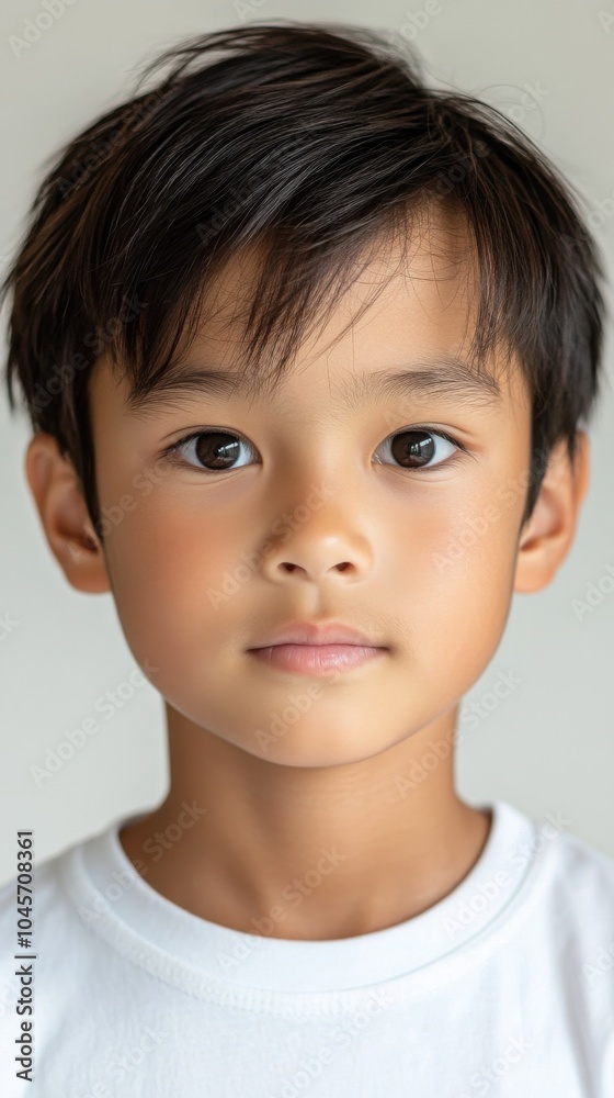 明るい目をした白いシャツを着た、ニュートラルな背景の幼い子供のポートレート 明るい目をした白いシャツを着た、ニュートラルな背景の幼い子供のポートレート