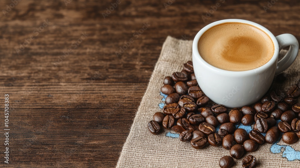 A cozy cup of coffee rests on a burlap cloth surrounded by roasted coffee beans, evoking warmth and a rustic charm. A cozy cup of coffee rests on a burlap cloth surrounded by roasted coffee beans, evoking warmth and a rustic charm.
