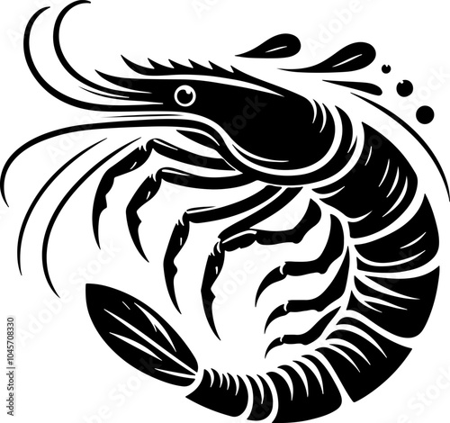 Shrimp vector icon Silhouette. Sea food logo, sign, symbol. Sea Caridea animal. Prawn black silhouette. Crustacean with curly feelers