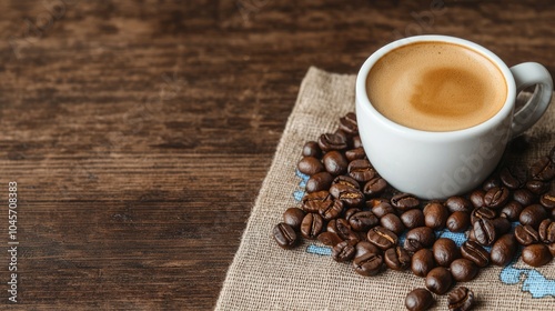 A cozy cup of coffee rests on a burlap cloth surrounded by roasted coffee beans, evoking warmth and a rustic charm.