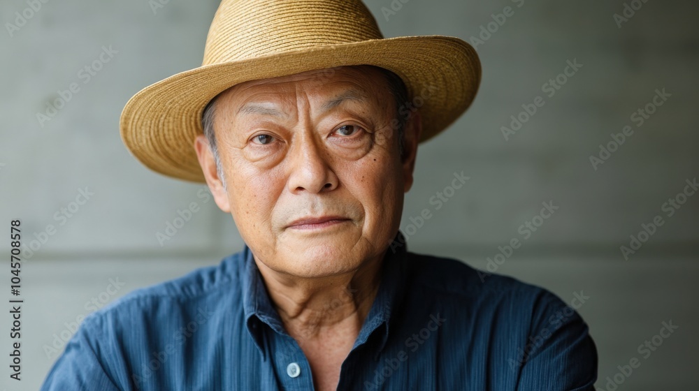 Fototapeta premium 麦わら帽子をかぶった思慮深い老人の肖像画。本物のライフスタイルと人物研究用。