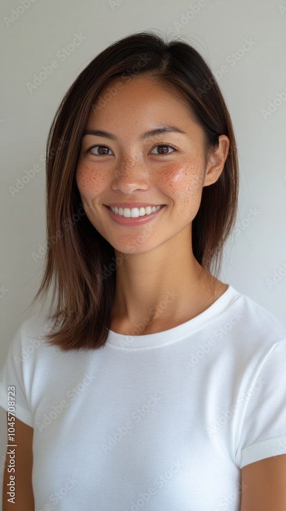 プロフェッショナルなヘッドショットとパーソナルブランディングのための白いTシャツを着た笑顔の女性のポートレート プロフェッショナルなヘッドショットとパーソナルブランディングのための白いTシャツを着た笑顔の女性のポートレート