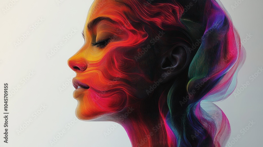 head illustration with thin red, yellow, green, and purple thin lines head illustration with thin red, yellow, green, and purple thin lines