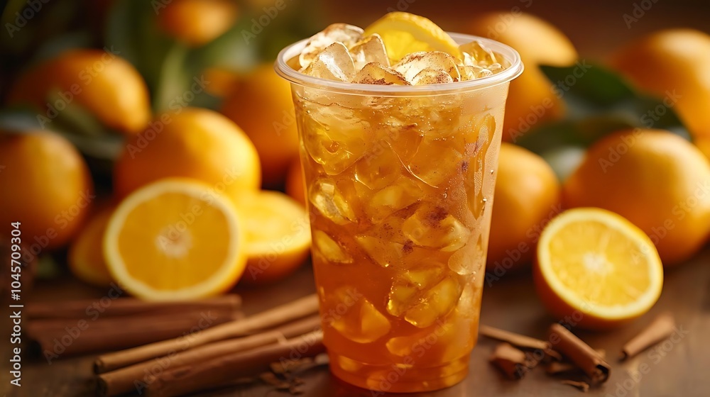 Fototapeta premium Iced Orange Cinnamon Tea with Ice Cubes in a Plastic Cup
