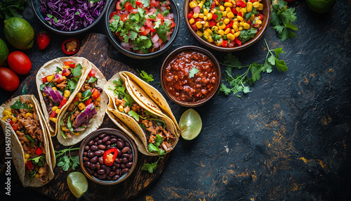 Quadro em tela Mesa llena de platos mexicanos: tacos, frigoles, carne de res, burritos mexicanos, nachos con queso y ensalada de guacamole y bruschetta de tomate sobre fondo negro