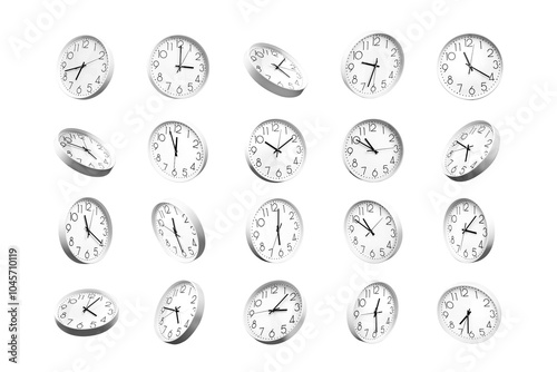 Set of White Analog Clocks at Various Angles and Times