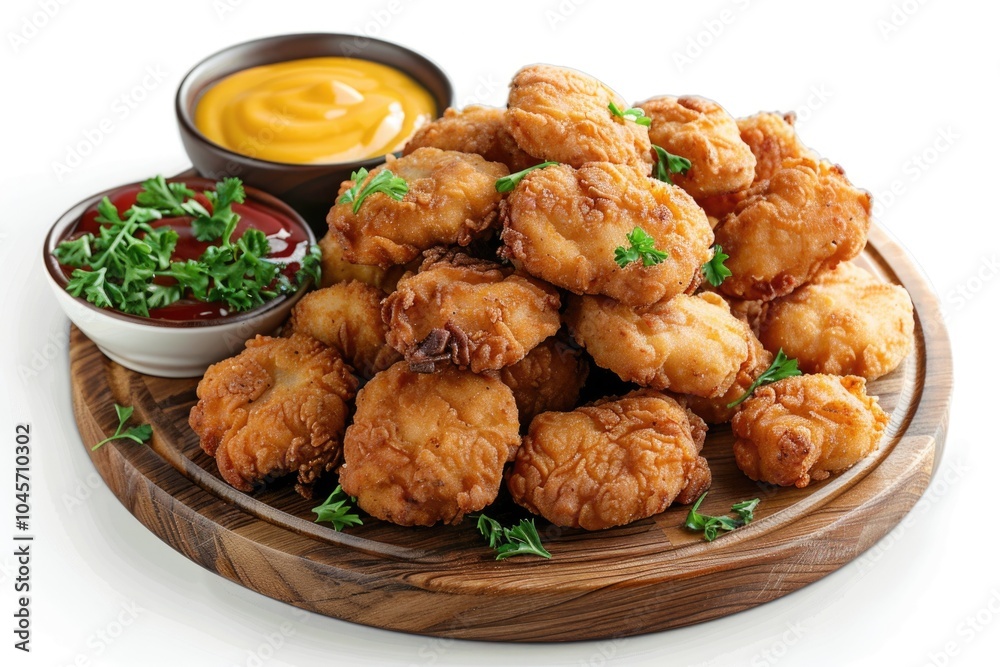 A plate of crispy fried chicken nuggets served with a side of ketchup for dipping A plate of crispy fried chicken nuggets served with a side of ketchup for dipping