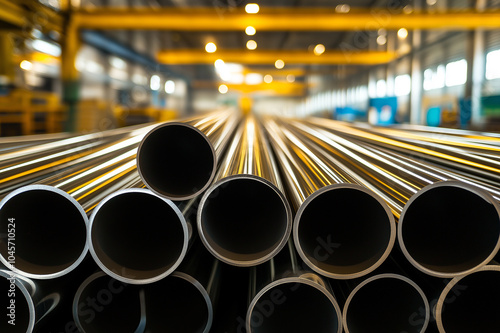 Close-up of industrial metal pipes stacked in a factory, reflecting light, perfect for manufacturing, construction, and industrial production marketing and promotional materials. photo