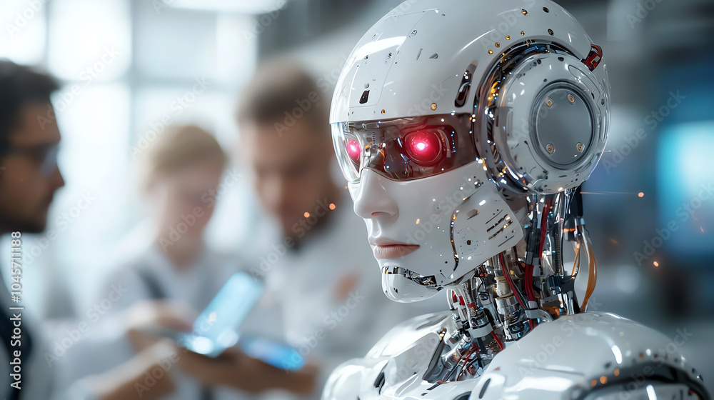 Futuristic robot with red eyes in a high-tech environment exploring the intersection of ai and humanity Futuristic robot with red eyes in a high-tech environment exploring the intersection of ai and humanity