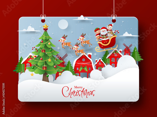 A festive Christmas-themed illustration, Santa Claus in a sleigh pulled by reindeer, with children and holiday characters, along with a decorated Christmas tree, snowy houses.