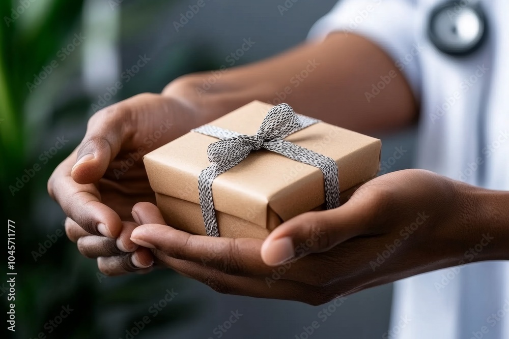 A healthcare worker being recognized with a small gift, symbolizing appreciation for their tireless efforts A healthcare worker being recognized with a small gift, symbolizing appreciation for their tireless efforts