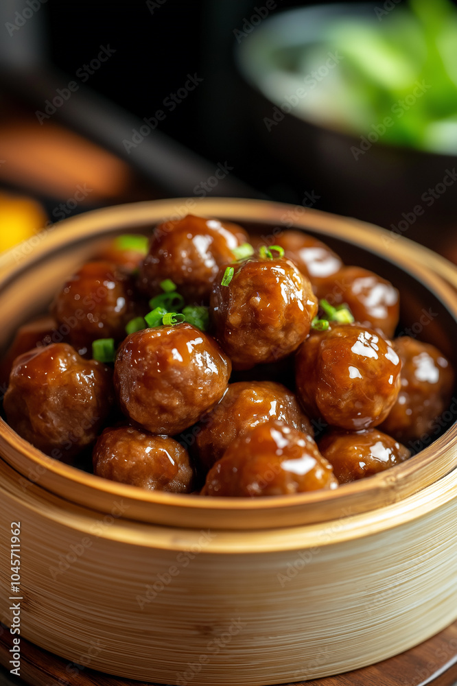 Delicious glazed meatballs served in a wooden bowl, garnished with green onions, ideal for Asian cuisine, comfort food marketing, and restaurant promotional materials. Delicious glazed meatballs served in a wooden bowl, garnished with green onions, ideal for Asian cuisine, comfort food marketing, and restaurant promotional materials.