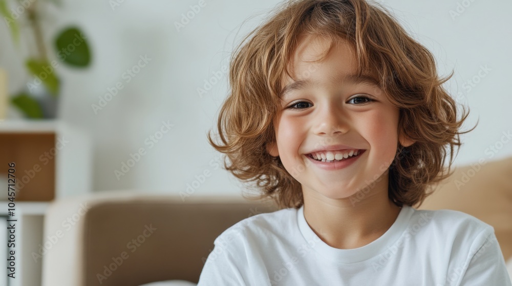 家族やライフスタイルの写真撮影に適した、茶色の髪と白い T シャツを着た幸せな子供の楽しいポートレート 家族やライフスタイルの写真撮影に適した、茶色の髪と白い T シャツを着た幸せな子供の楽しいポートレート