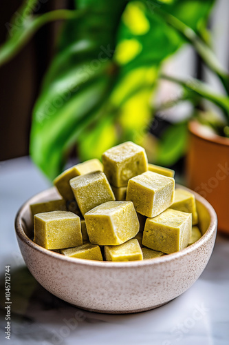 Frozen matcha cubes in a ceramic bowl, perfect for dessert or beverage preparation, ideal for health food, matcha-inspired recipes, and frozen treat promotional campaigns. photo