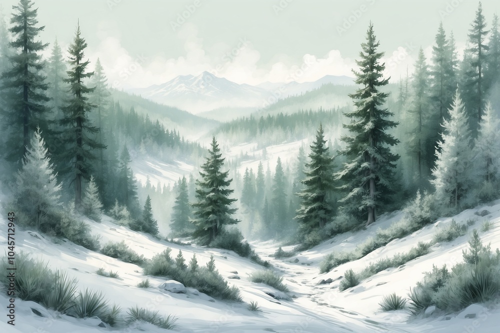 Fototapeta premium Serene winter landscape with evergreen trees and snow-covered hills in a soft pastel style