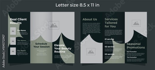 Trifold brochure for beauty care in pale green and dark green colors