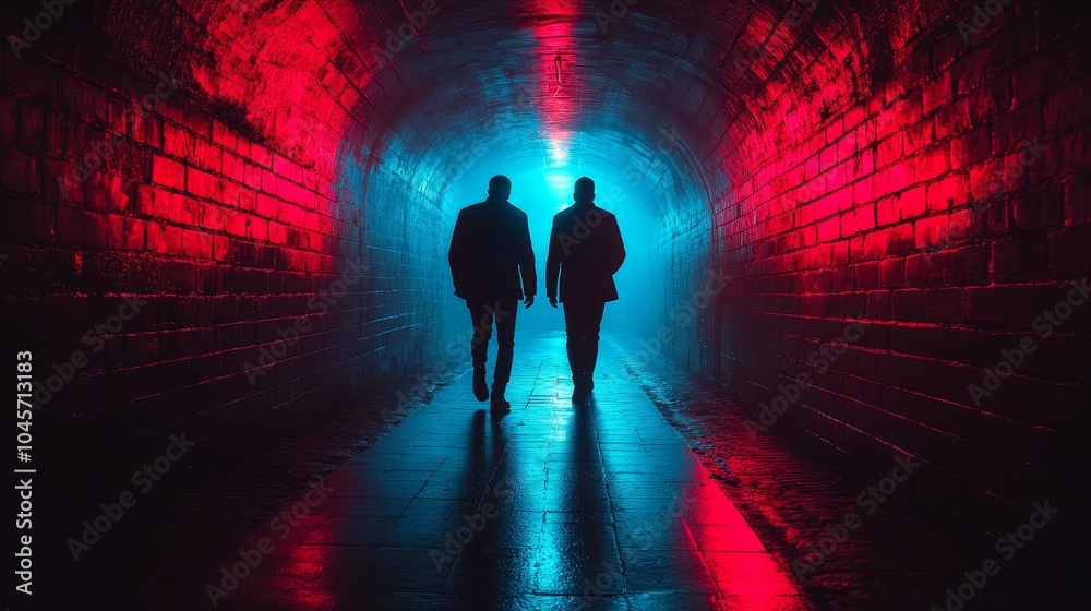 Two people walking down a dark tunnel with red and blue lighting Two people walking down a dark tunnel with red and blue lighting